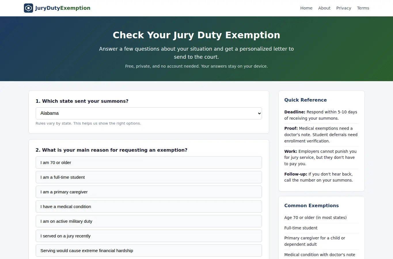 Screenshot of Jury Duty Exemption Calculator interface showing the project page in use